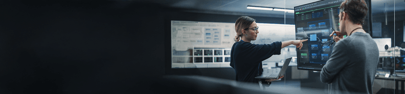 Woman with glasses and laptop points to a large data chart.