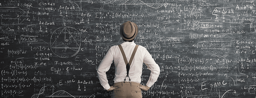 A person wearing a hat and suspenders stands facing a large blackboard covered completely in complex mathematical equations, formulas, and diagrams, appearing deep in thought.