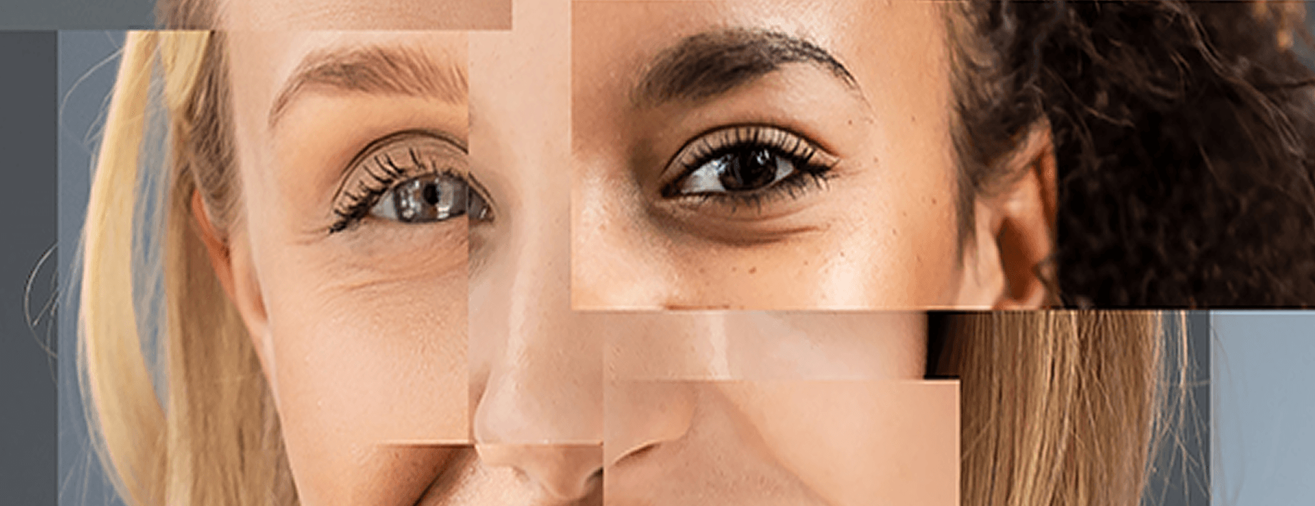 Close-up collage showing parts of the faces of two women with different skin and hair colors.