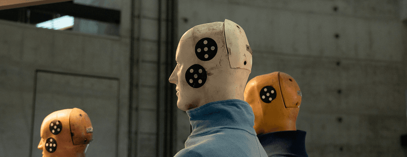 Close-up of the heads of three crash test dummies in a laboratory; the white dummy in the center wears a blue collar and has black, circular measuring points on its face.
