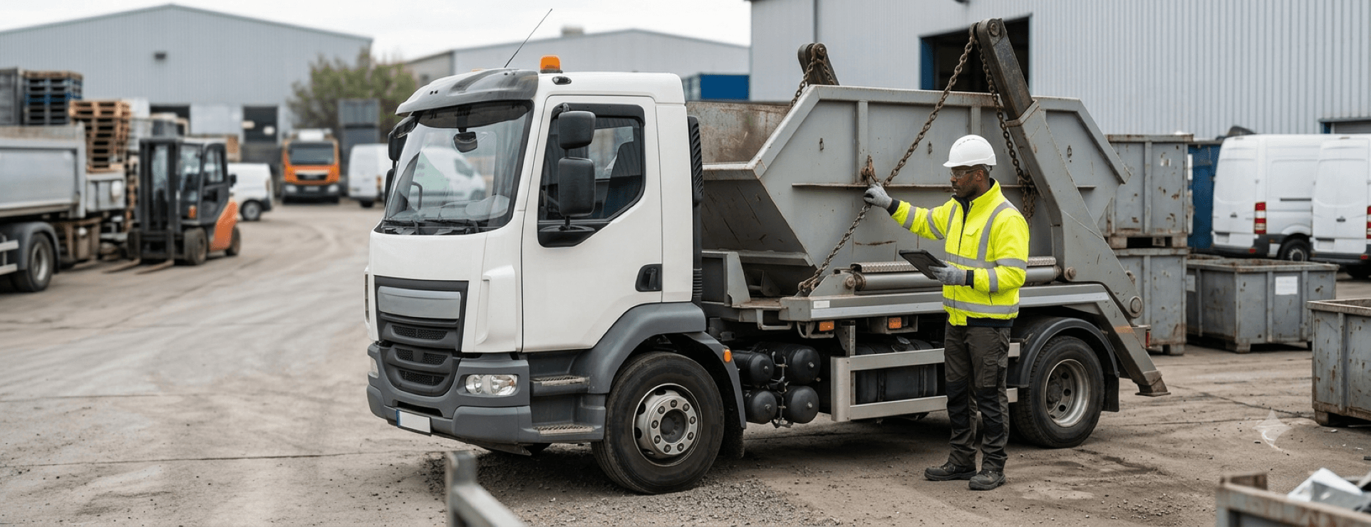 Arbeiter, der die Hebeketten eines Absetzkipper-Lkw überprüft, der einen Container transportiert.
