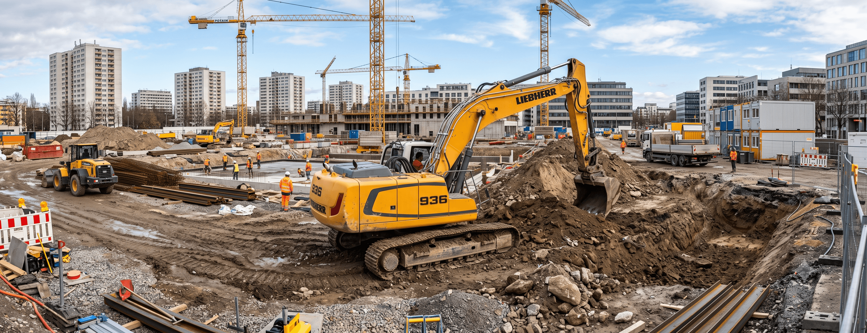 A large yellow Liebherr 936 tracked excavator digging dirt at a busy urban construction site, surrounded by cranes, construction equipment, and surrounding city buildings.