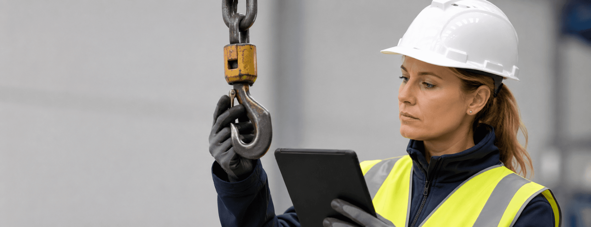 Sicherheitsinspektor, der mit einem Tablet die Verriegelung eines Schwerlast-Kranhakens überprüft.