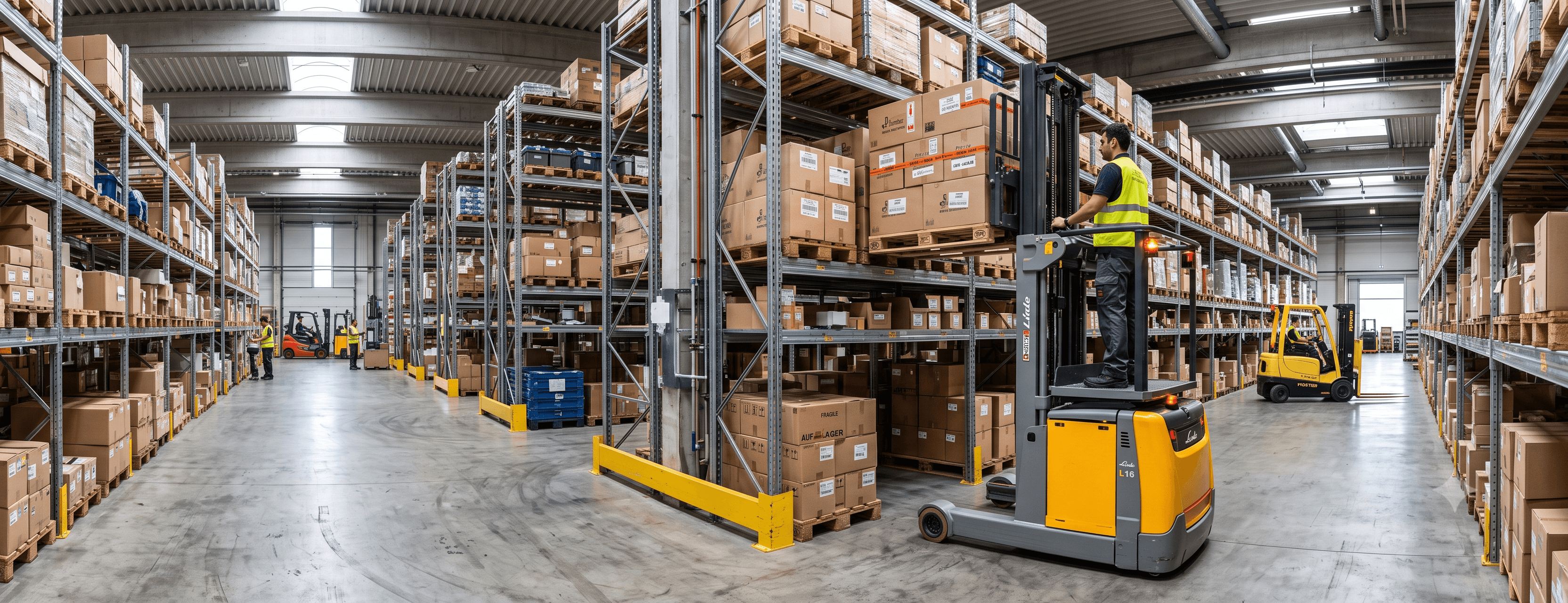 A worker wearing a high-visibility vest stands on an electric pallet stacker inside a large, bustling warehouse filled with high shelves stacked with cardboard boxes.