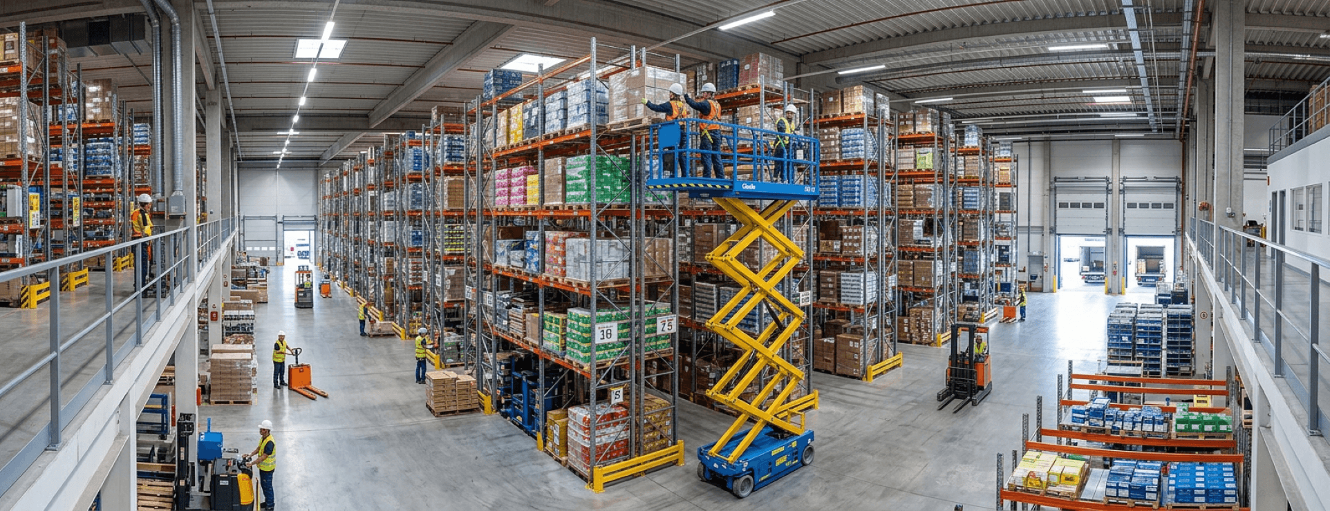 Blue scissor lift elevated between tall warehouse racks with workers inspecting stock.