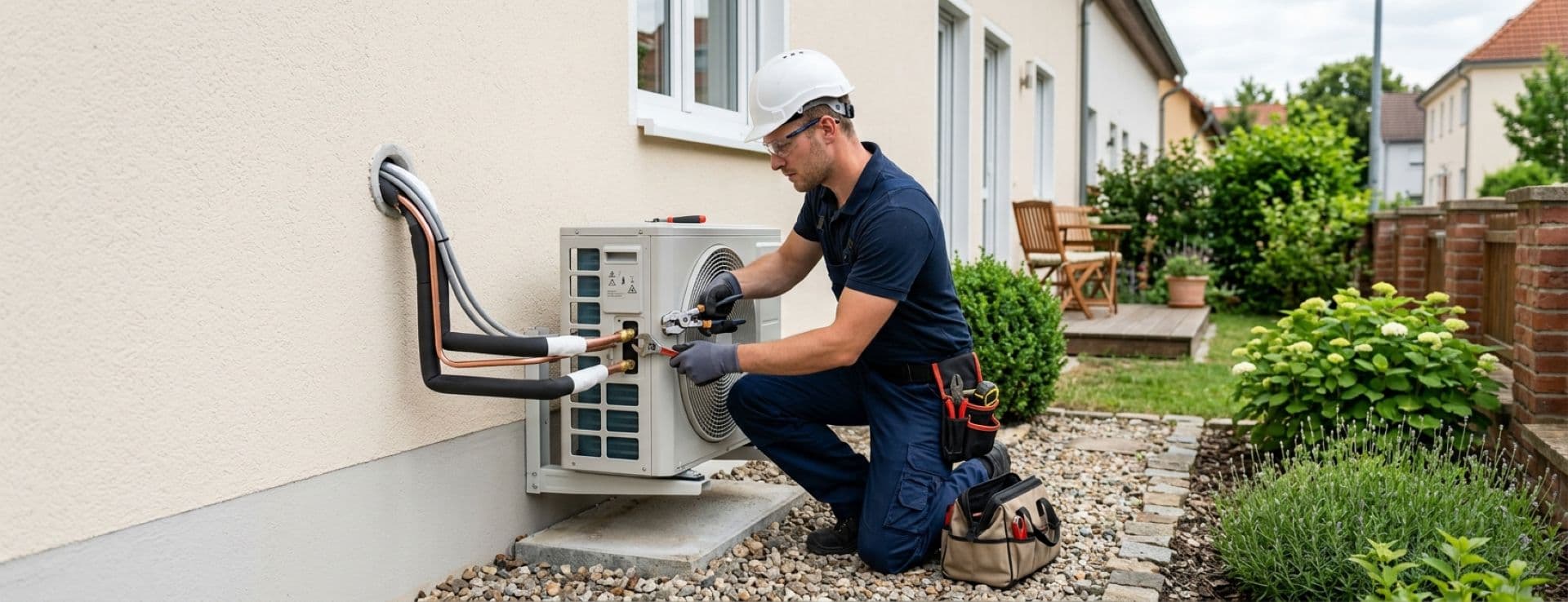 HVAC technician installing a residential heat pump outdoor unit on a house wall.