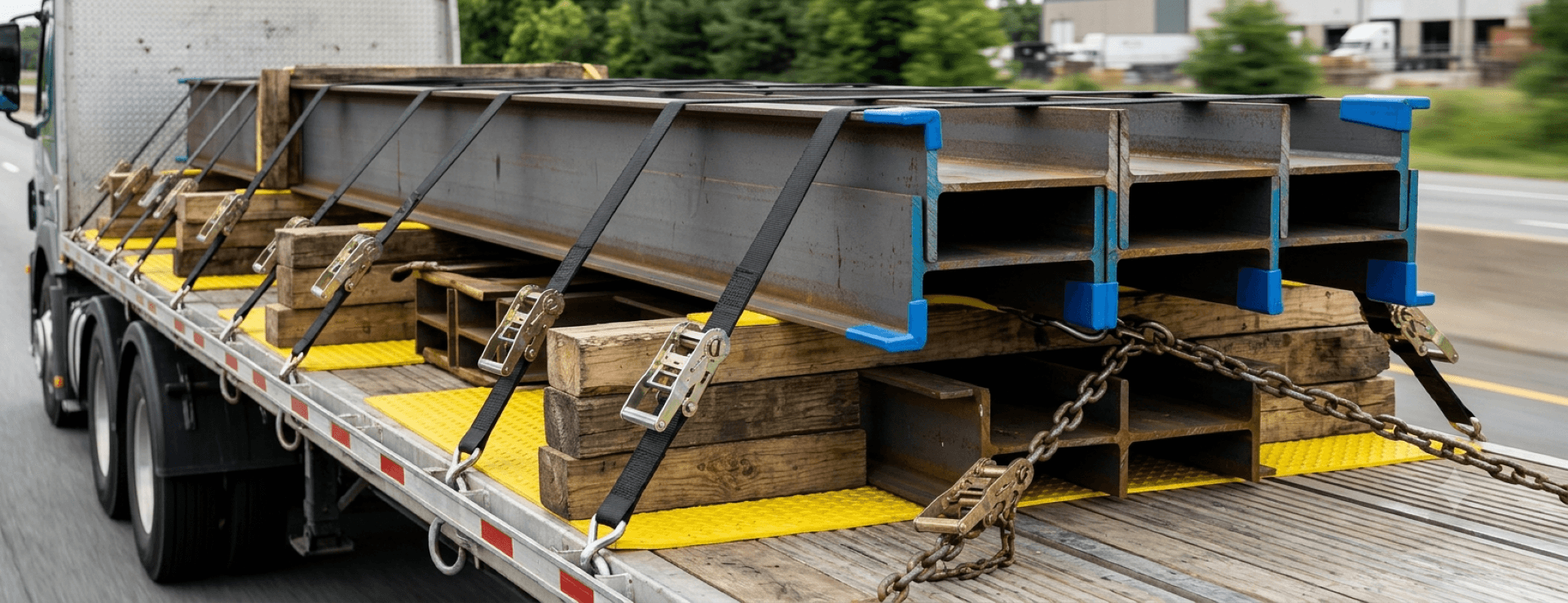 Steel I-beams secured on a flatbed trailer using heavy-duty ratchet straps and chains.