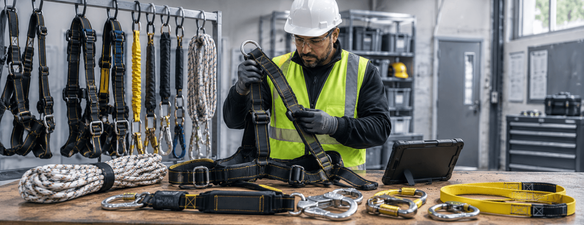Sicherheitstechniker, der auf einem Arbeitstisch persönliche Absturzsicherungsgurte und Verbindungsmittel überprüft.