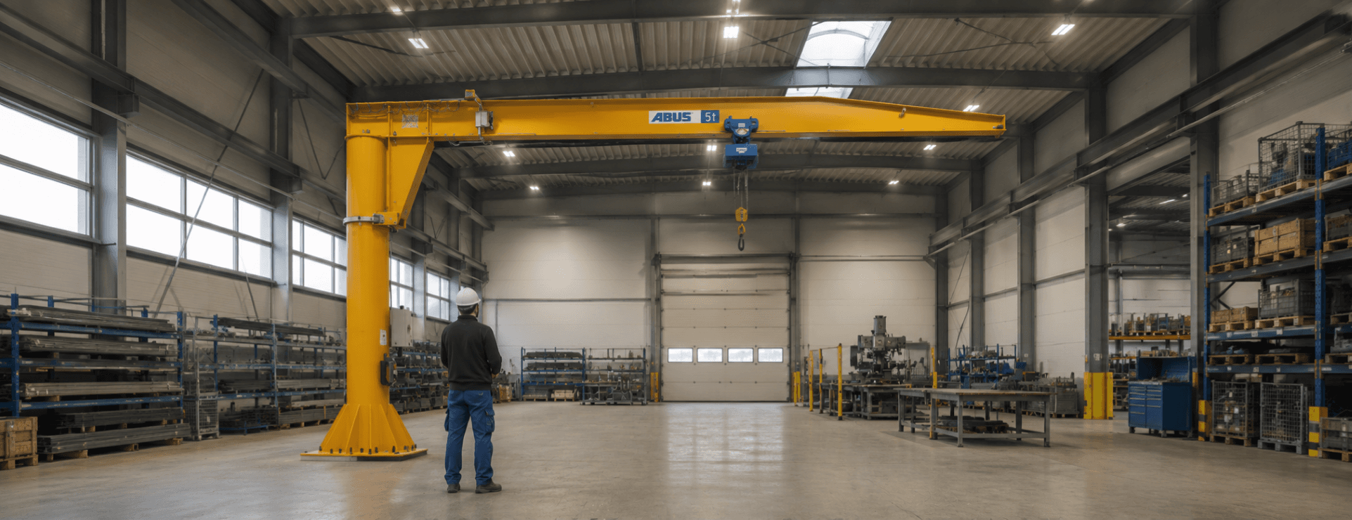 Yellow ABUS pillar jib crane in an industrial workshop with a worker.