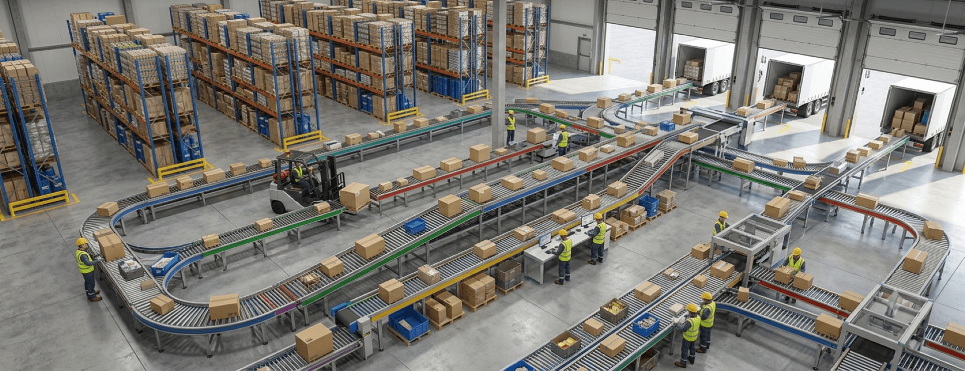 High-angle view of an automated warehouse conveyor belt system with workers sorting boxes.