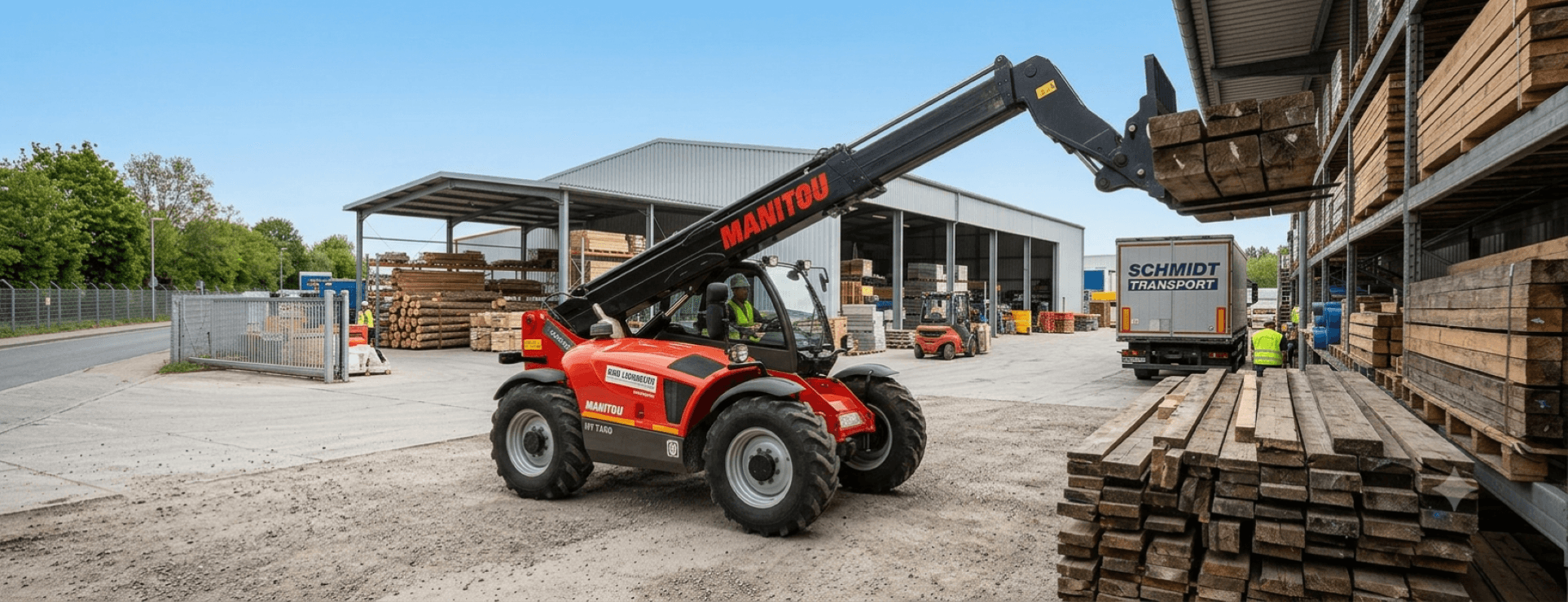 Red Manitou telehandler lifting wooden beams in a lumber yard.