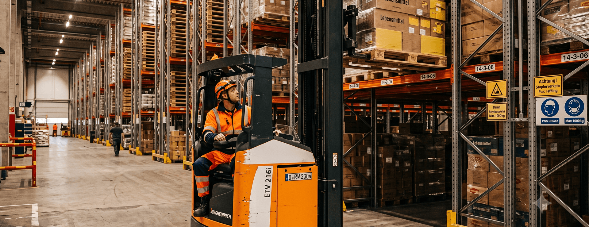 Warehouse worker wearing a helmet and safety vest looking up while operating a reach truck forklift during training in a tall shelving aisle.
