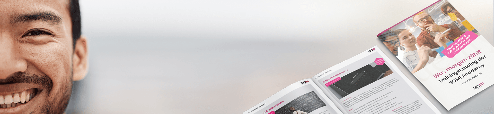 A smiling, dark-haired man looks into the camera from the left, with an open SOMI Academy trainings catalog labeled “Skills for Tomorrow” in the foreground.