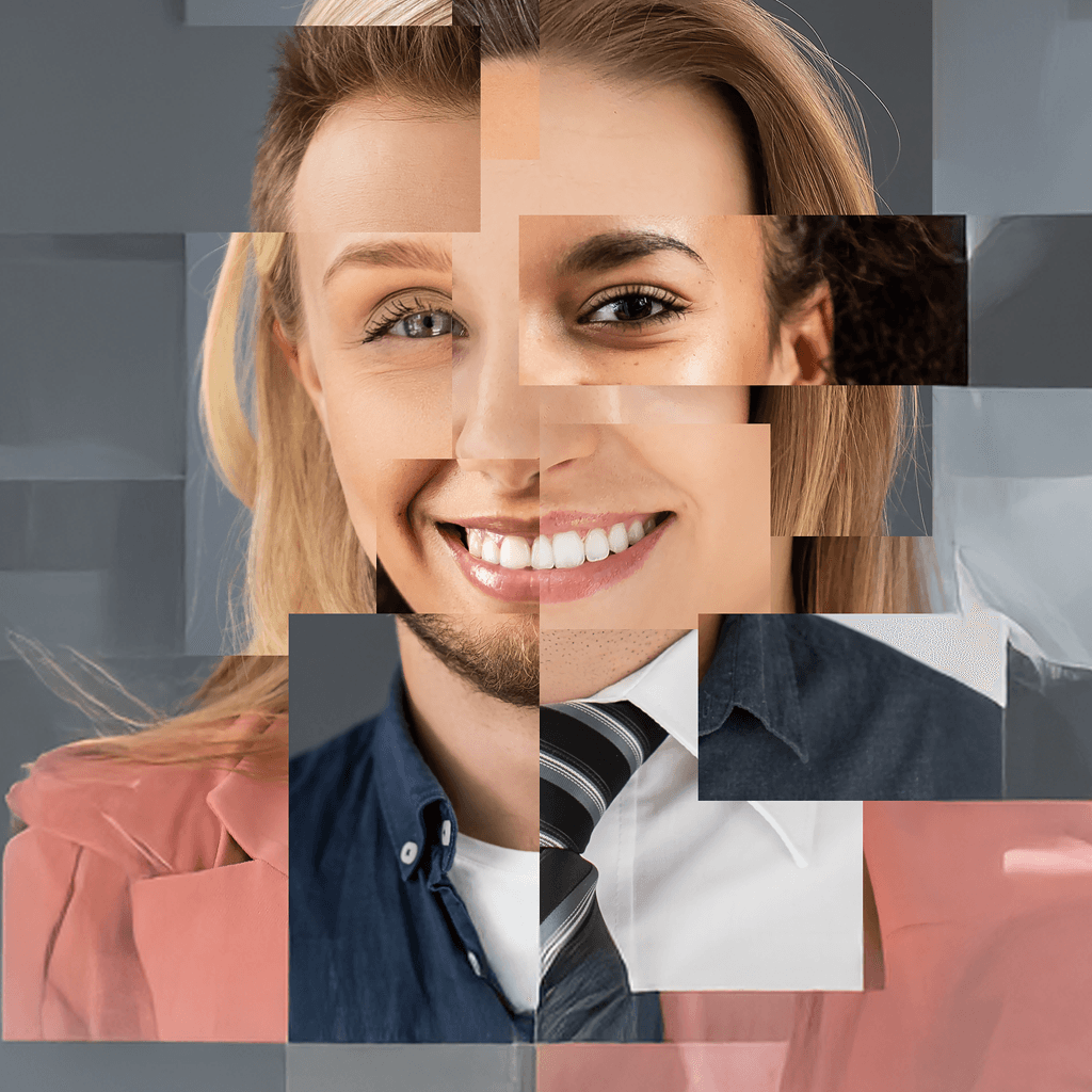 Two faces in an abstract collage of rectangles showing different skin tones and eye colors, symbolizing diversity.