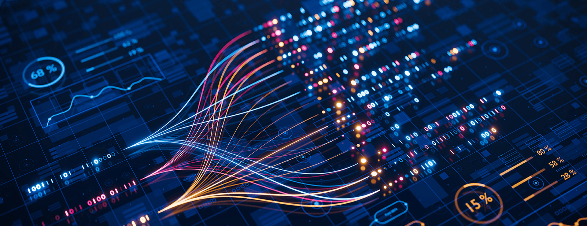 Abstract digital visualization representing data analysis or machine learning, with bright, colorful lines fanning out into dot patterns from left to right, surrounded by charts, numbers and binary codes on a dark background.